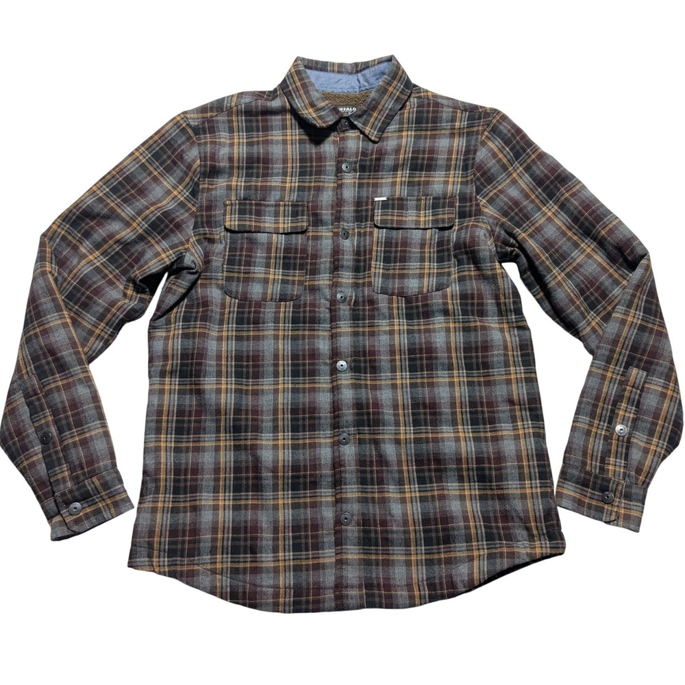 Buffalo David Bitton Men Medium Brown Plaid Sherpa Lined Flannel Shirt Jacket